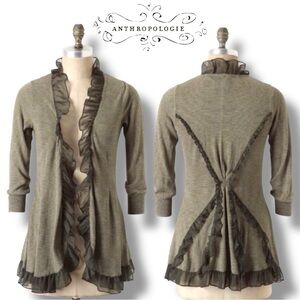 Anthropologie Olive Green Ruffle-Trim Cardigan